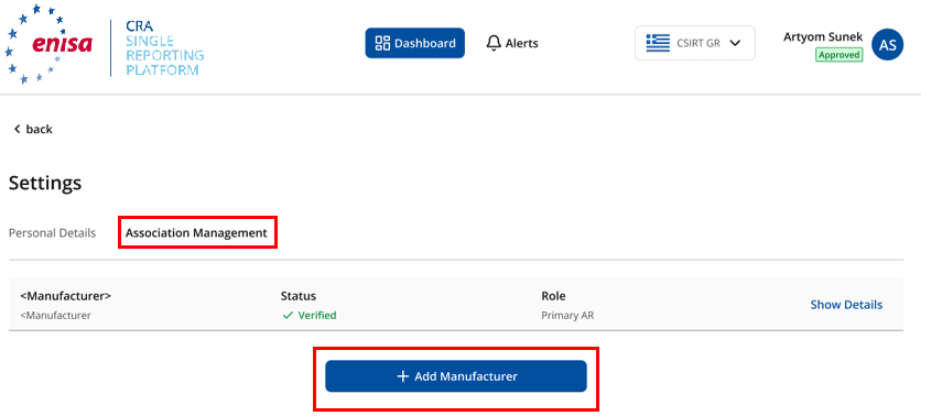 SRP interface for adding a new manufacturer association to an existing AR account