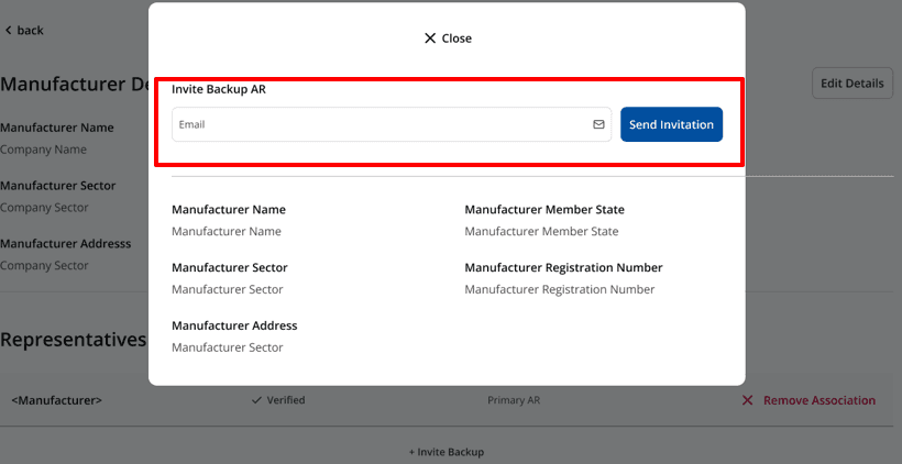 SRP modal interface for inviting a Secondary AR via email with 7-day expiration notice