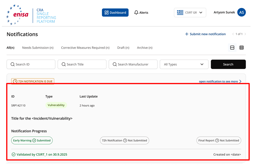 SRP 72-hour detailed notification form with technical analysis and mitigation inputs