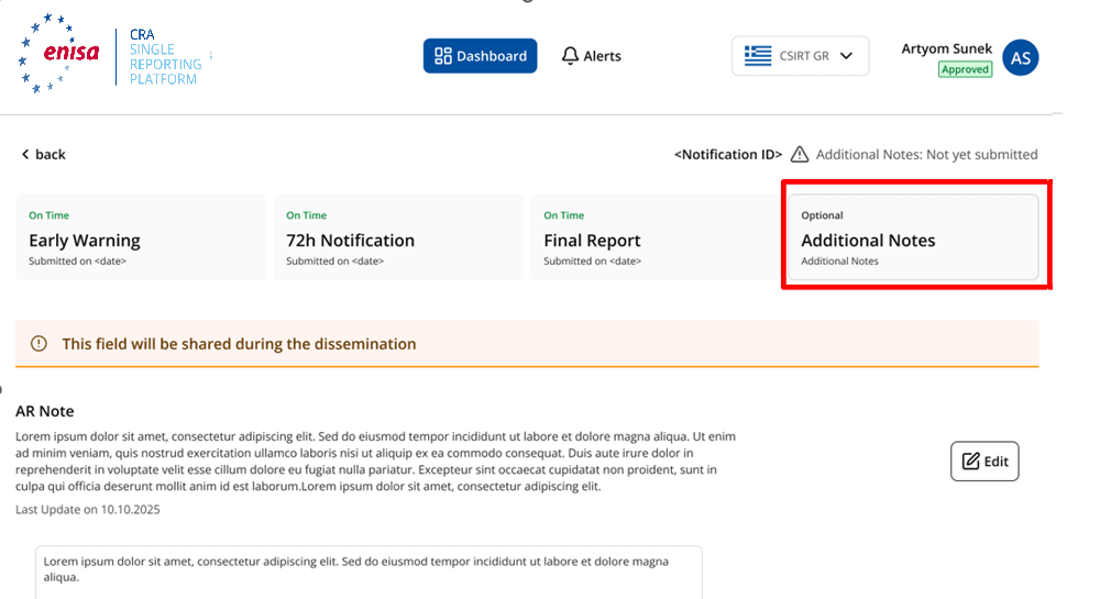 SRP Additional Notes interface for internal filing remarks and contextual data