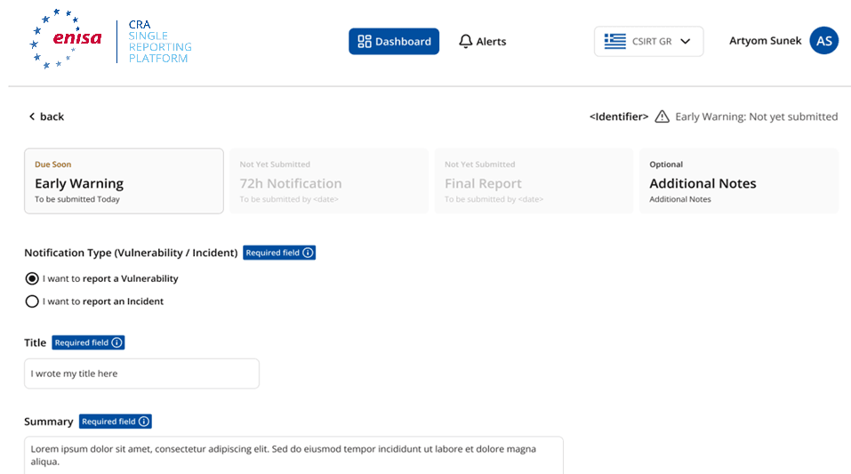 SRP 24-hour early warning form with required title, product, and initial impact fields