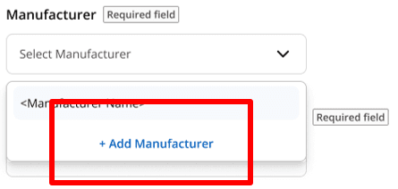 SRP interface dropdown to select the target manufacturer for a new filing