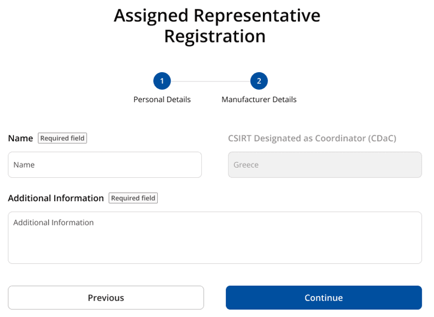 SRP manufacturer details form showing legal entity name, address, and country selection