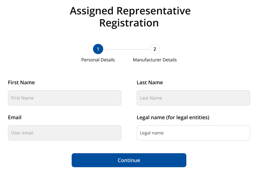 SRP personal details registration screen showing contact and identity input fields