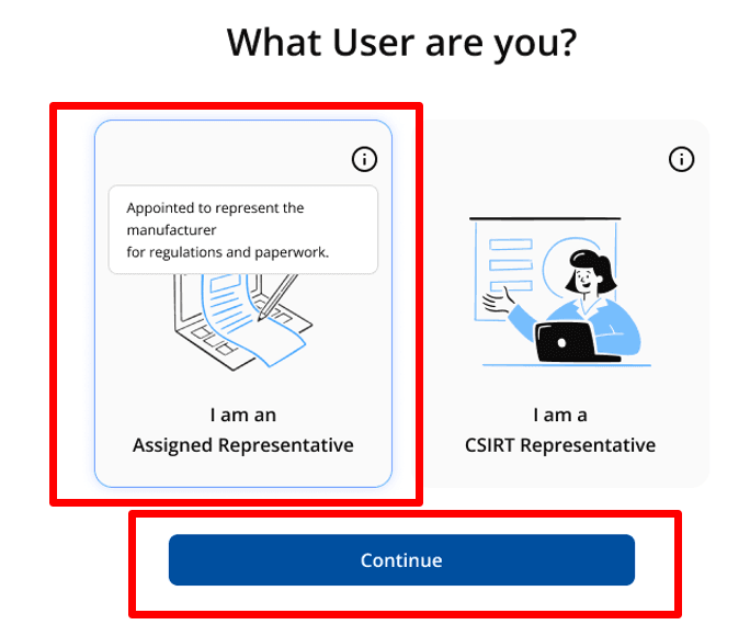 SRP role selection interface showing Assigned Representative and CSIRT Representative role options