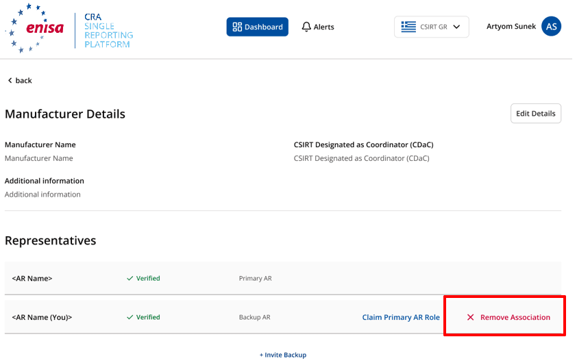 SRP interface showing the confirmation dialog for removing a manufacturer association