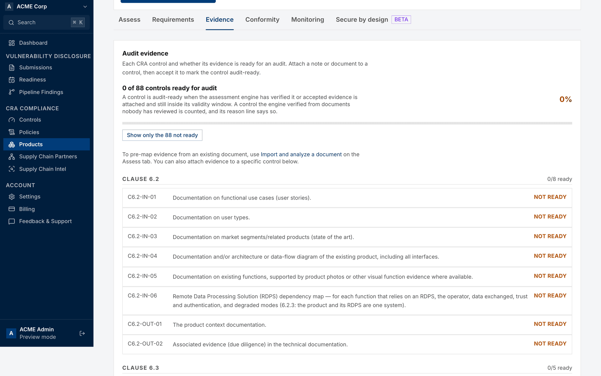 Audit evidence tab reporting 88 of 88 controls ready for audit, broken down by EN 40000 clause